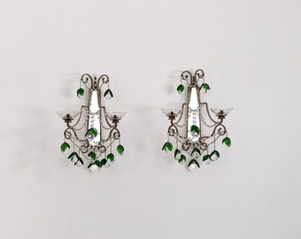 pair of murano wall sconces | macaroni beaded chandeliers | emerald green glass fruits & brass leaves