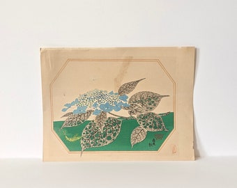 japanese woodblock | blue hydrangea & grasshopper | eiichi kotozuka