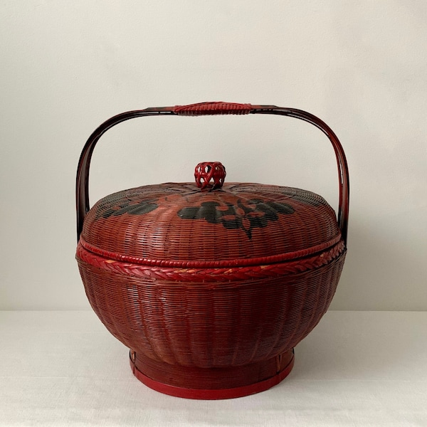 chinese sewing basket | red rattan | handpainted floral embellishments