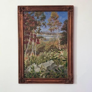 Può includere: Un dipinto a olio in una cornice di legno decorata color marrone scuro che raffigura un paesaggio con betulle, fogliame verde e grandi rocce grigie in primo piano, affacciato su un lontano lago blu e montagne sotto un cielo azzurro.