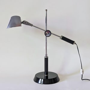 vintage articulated cantilever desk lamp | black metal and chrome | midcentury industrial task lamp