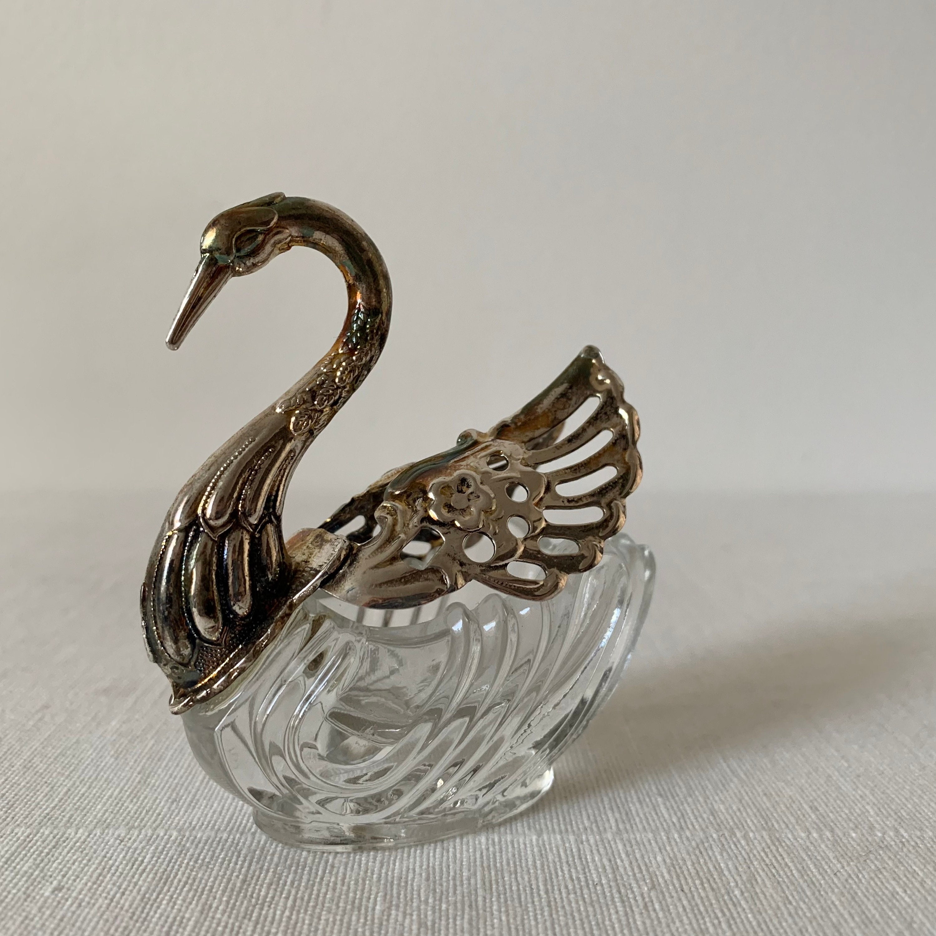 Swan salt cellar glass & silver kitsch art deco Etsy