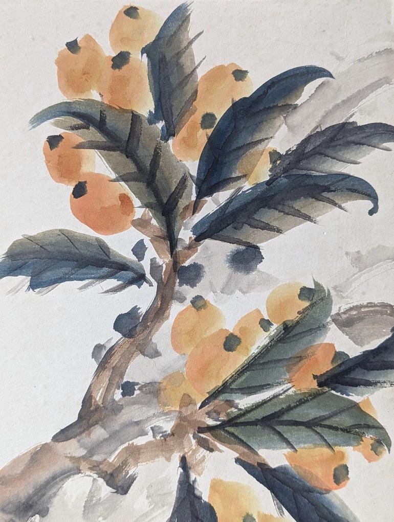 色紙 | 水彩画 | 実と葉のあるビワの木 - Etsy 日本