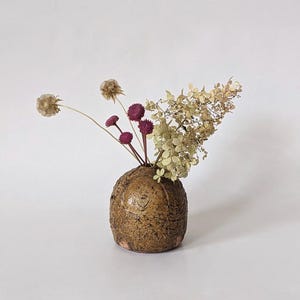 May include: A small, round, brown ceramic vase with a textured surface holds a bouquet of dried flowers. The flowers are a mix of white, beige, and pink.