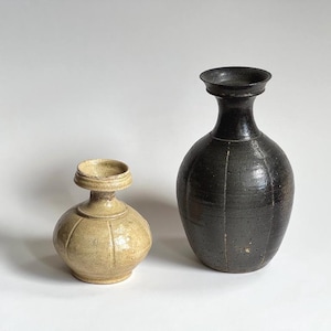 May include: Two ceramic vases with fluted bodies and flared rims. The smaller vase is a light beige color with a glossy finish, while the larger vase is a dark charcoal black color with a smooth, reflective surface and vertical indentations.