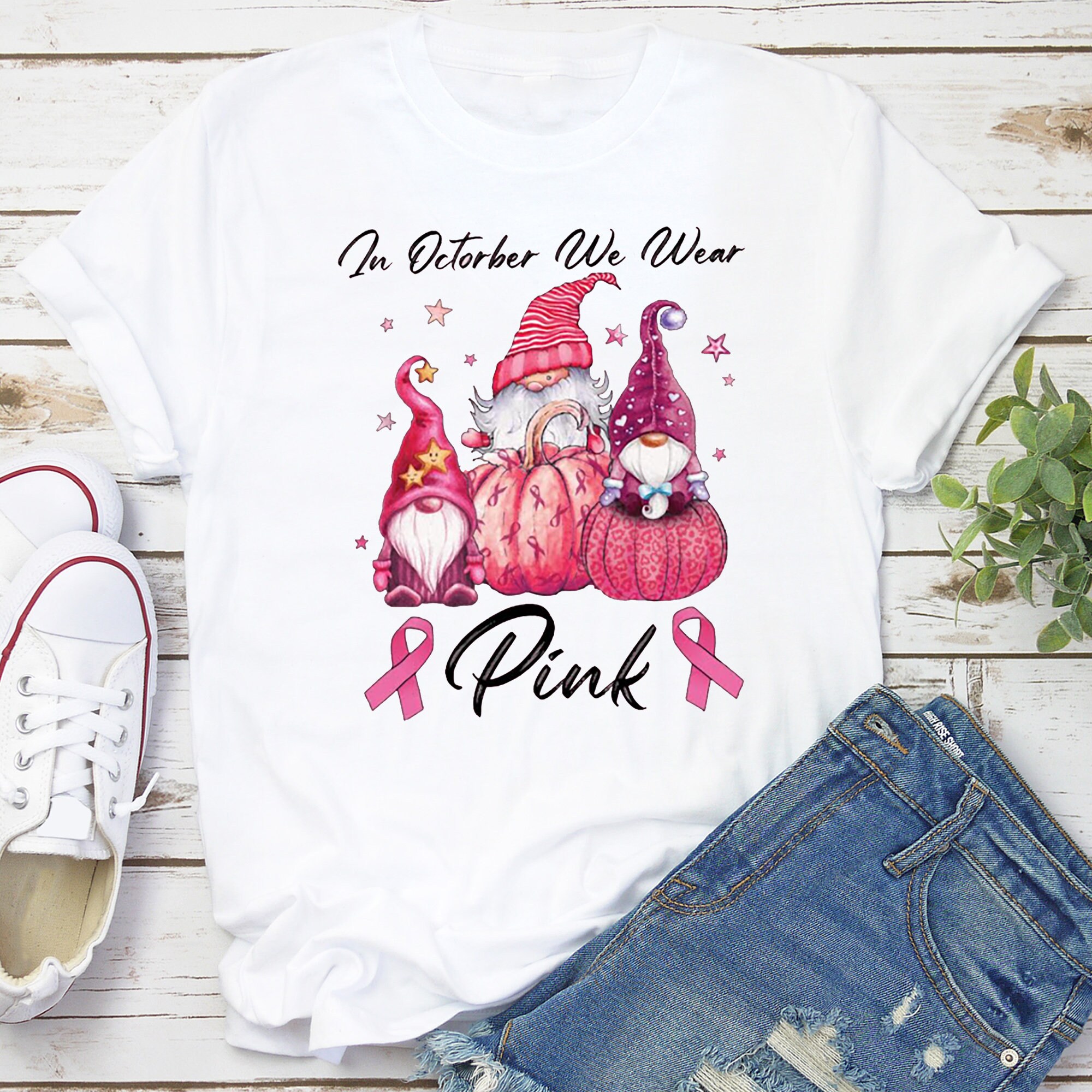 Breast Cancer Gnome In October We Wear Pink Shirt Funny Gnome | Etsy