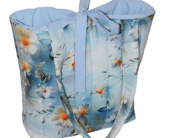 Blue Floral Quilted Tote Bag with Keychain