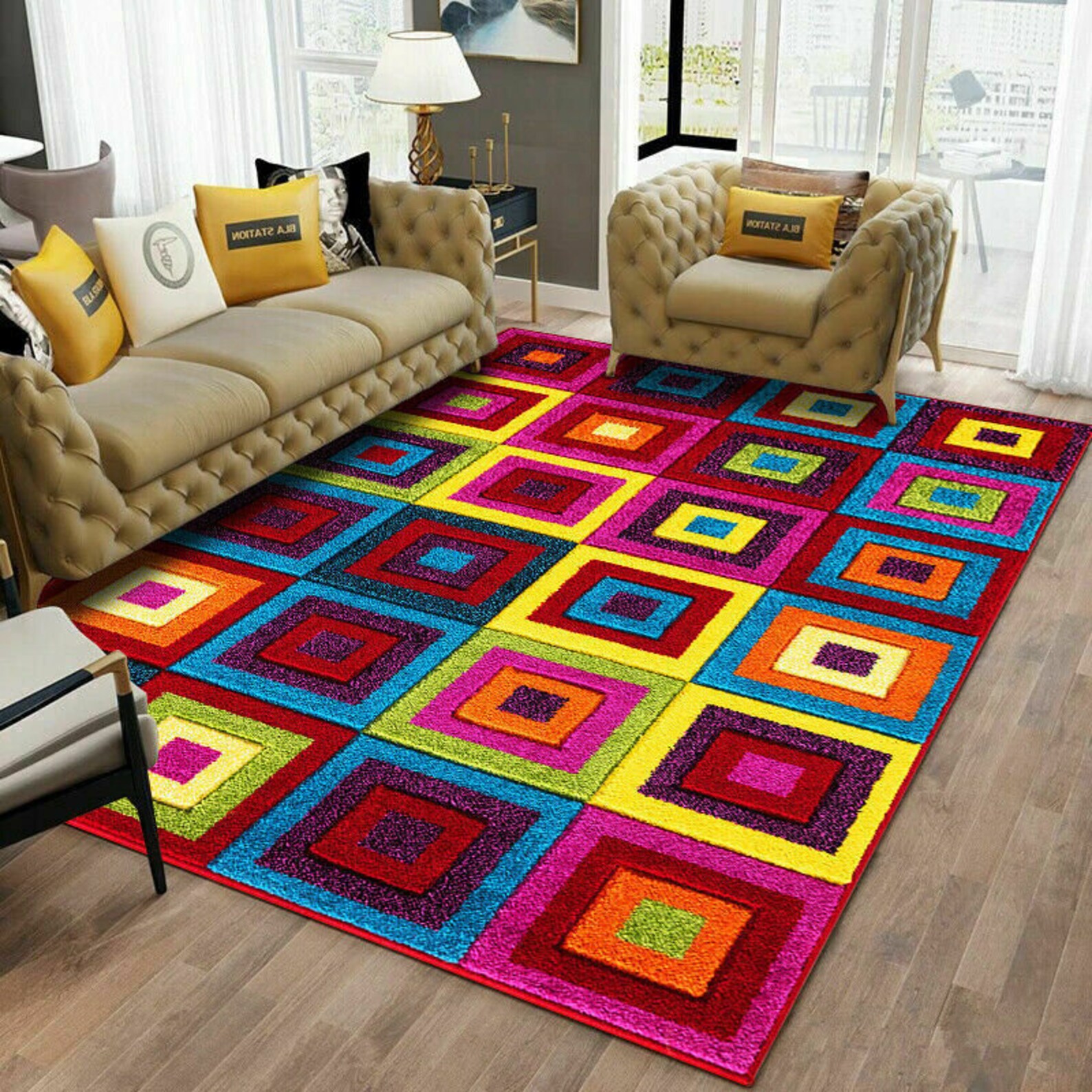 Living Room Rug Multi color rainbow design mat Etsy