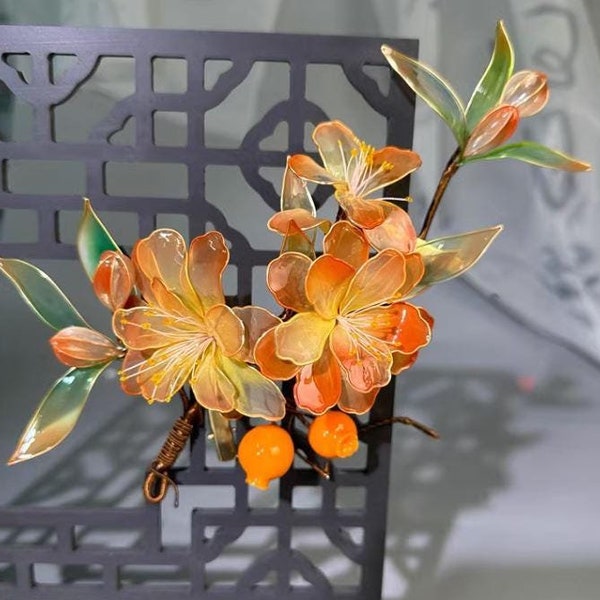 Japanese Kanzashi Handmade Sakae Pomegranate Flower Hairpin (Double Flower)