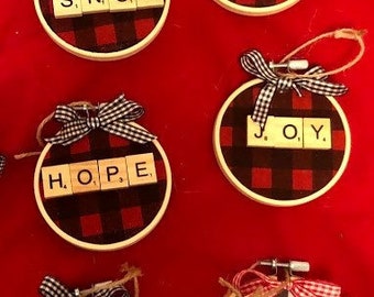 3 inch embroidery hoop and scrabble ornaments