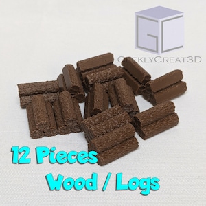 May include: Twelve brown wooden logs or pieces of wood. The logs are stacked and arranged in a pile. The text "12 Pieces Wood / Logs" is printed in blue on a white background.