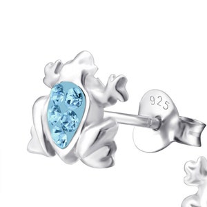 Frog Ear Studs with Crystal/925 Sterling Silver/Kids Earrings/Jewelry/Bar Studs/Girls/Fashion Studs/Crystal/Peridot/Aqua Bohemica/Rose