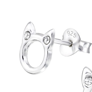 Cat Head Silhouette Ear Studs with Crystals/Kitten/Kitty/Kids Earring/Jewelry/Bar Studs/Girls/925 Sterling silver/Children/Cute ear studs