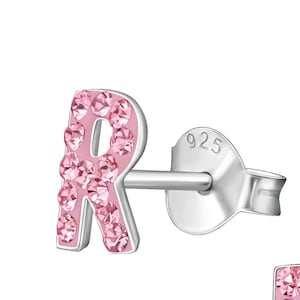 Pendientes Letra R/Plata de Ley 925/Pendiente para niños/Joyería/Tachuelas de barra/Niñas/Cristal/Pendientes rosas/Alfabeto/Inicial/Tachuelas de plata