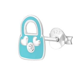 Clous d’oreilles de sac à main bleu clair avec cristal et époxy, clous de barre, filles, argent sterling 925, boucles d’oreilles pour enfants, bijoux, clous d’oreille sac à main/argent