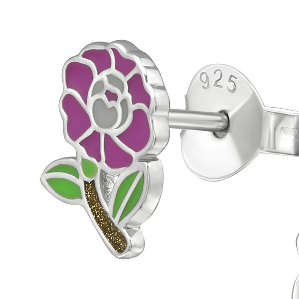 Flower Ear Studs/Floral/Kids Earring/Jewelry/Bar Studs/Girls/925 Sterling Silver/Fashion Studs/Crystal Earrings/Purple Crystal/Garden