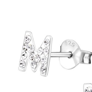Pendientes con letra M/Plata de ley 925/Pendientes para niños/Joyas/Tachuelas de barra/Niñas/Cristal/Alfabeto/Inicial/Aspecto diamante/Tachuelas de plata