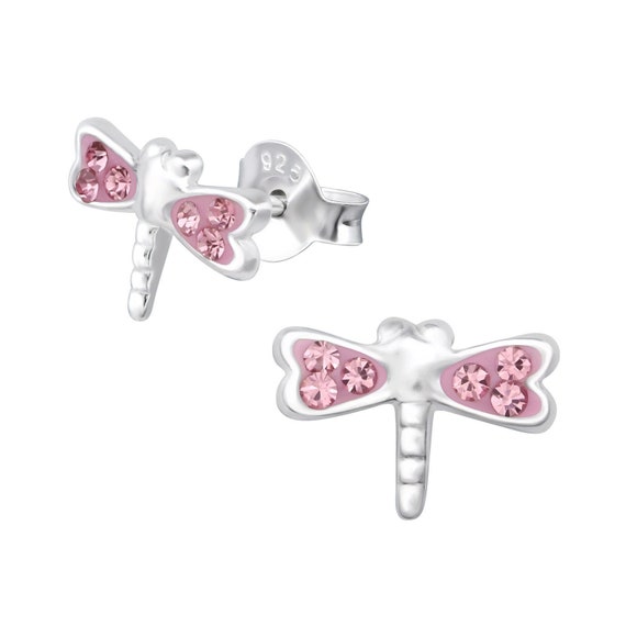 Orecchini A Bottone Libellula In Argento 925 Con Cristalli – 1,4 Cm, Confezione Regalo