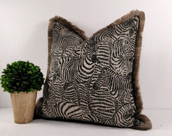Zebra Black Taupe Animal Print Square Scatter Cushion Cover With Brush Fringed Trim
