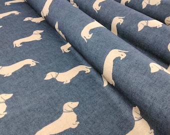 Tela de algodón azul con diseño de perro salchicha para decoración por metros, cortinas, persianas y cojines.
