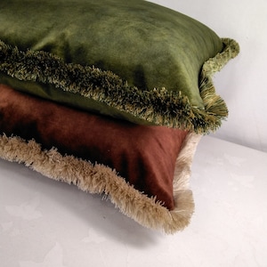 Luxury Blue, Green, Velvet Square Scatter Cushion Cover, Brush Fringed Trim, For Sofa, Chair, Bench, Bed. Wedding Anniversary Gift Present