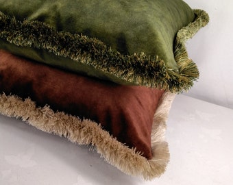 Blue Green Velvet Square Scatter Cushion Cover, Brush Fringed Trim, For Sofa, Chair, Bed.