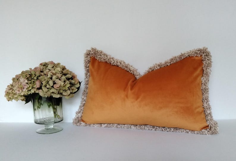 Luxury Velvet Cushion Cover Pink Blue Ochre Orange Ruche Trimmed