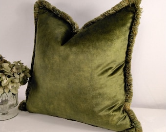 Blue Green Brown Orange Velvet Square Scatter Cushion Cover, Brush Fringed Trim