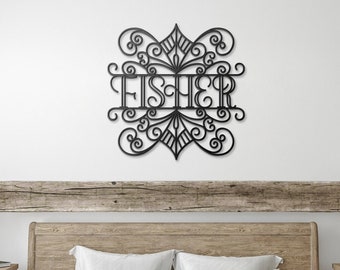 Custom Ornate Name Metal Sign | Housewarming, Newlywed Wedding, Nursery Gift