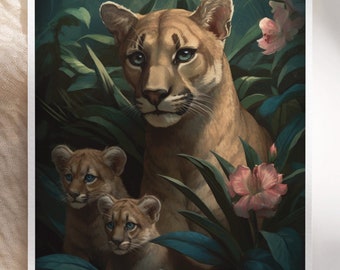 Art mural imprimable et carte de vœux (1) | Téléchargement numérique de la fête des mères | Mamans sauvages : Collection Florida Panther and Cubs, série FL | FL-P-17