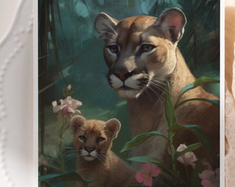 Arte de pared imprimible y tarjeta de felicitación (1) / Descarga digital del Día de la Madre / Mamás salvajes: Colección Florida Panther and Cubs, Serie FL / FL-P-07