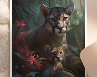 Printable Wall Art & Greeting Card (1) | Mother’s Day Digital Download | Wild Moms: Florida Panther and Cubs Collection, FL Series | FL-P-14