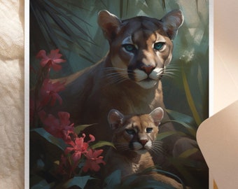 Afdrukbare muurkunst en wenskaart (1) | Moederdag digitale download | Wild Moms: Florida Panther and Cubs-collectie, FL-serie | FL-P-14