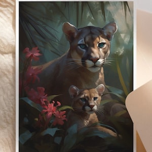 Druckbare Wandkunst & Grußkarte (1) | Muttertag Digitaler Download | Wild Moms: Florida Panther and Cubs Collection, FL Series | FL-P-14