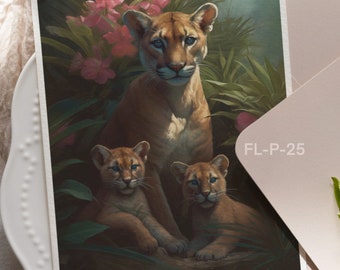 Druckbare Wandkunst & Grußkarte (1) | Muttertag Digitaler Download | Wild Moms: Florida Panther and Cubs Collection, FL Series | FL-P-25