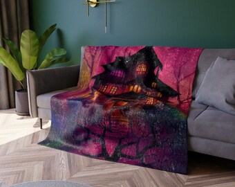Halloween Haunted House Crushed Velvet Blanket