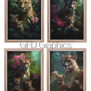 Druckbare Wandkunst & Grußkarten 4er Set Muttertag Digitaler Download Wild Moms: Florida Panther and Cubs Collection, FL Series Bild 1