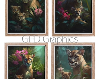 Tarjetas de felicitación y arte de pared imprimibles; Conjunto de 4 / Descarga digital del Día de la Madre / Mamás salvajes: Colección Florida Panther and Cubs, Serie FL