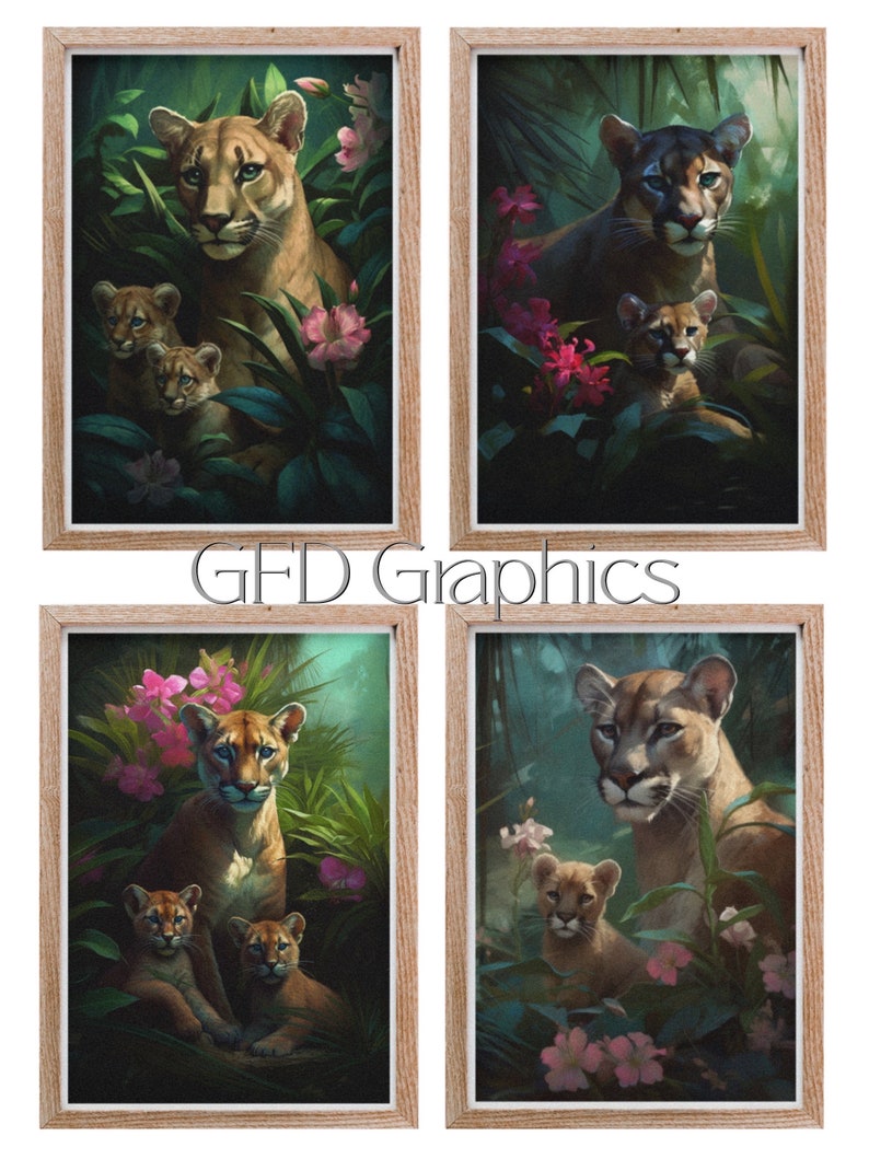 Druckbare Wandkunst & Grußkarten 4er Set Muttertag Digitaler Download Wild Moms: Florida Panther and Cubs Collection, FL Series Bild 1