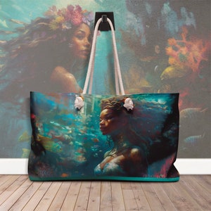 Magical Mermaid Beach Tote Bag, Large Oversized Purse for Travels and Beach Weekends featuring Mythical Black Girl Ocean Mermaid; Sea Fairy