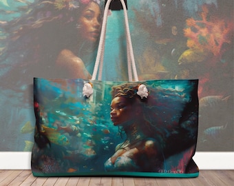 Magical Mermaid Beach Tote Bag, Large Oversized Purse for Travels and Beach Weekends featuring Mythical Black Girl Ocean Mermaid; Sea Fairy