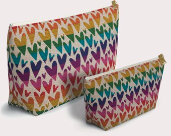 Rainbow Hearts Cosmetics Bag, Grooming Bag, Large Accessory Pouch, Personalized