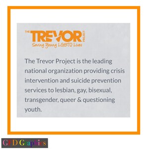 Op de afbeelding: Het Trevor Project logo, een wit woordmerk met een gestileerde bliksem, wordt weergegeven op een grijze achtergrond. De tekst "Saving Young LGBTQ Lives" staat onder het logo. De tekst "The Trevor Project is the leading national organisation providing crisis intervention and suicide prevention services to lesbian, gay, bisexual, transgender, queer & questioning youth." staat onder het logo.