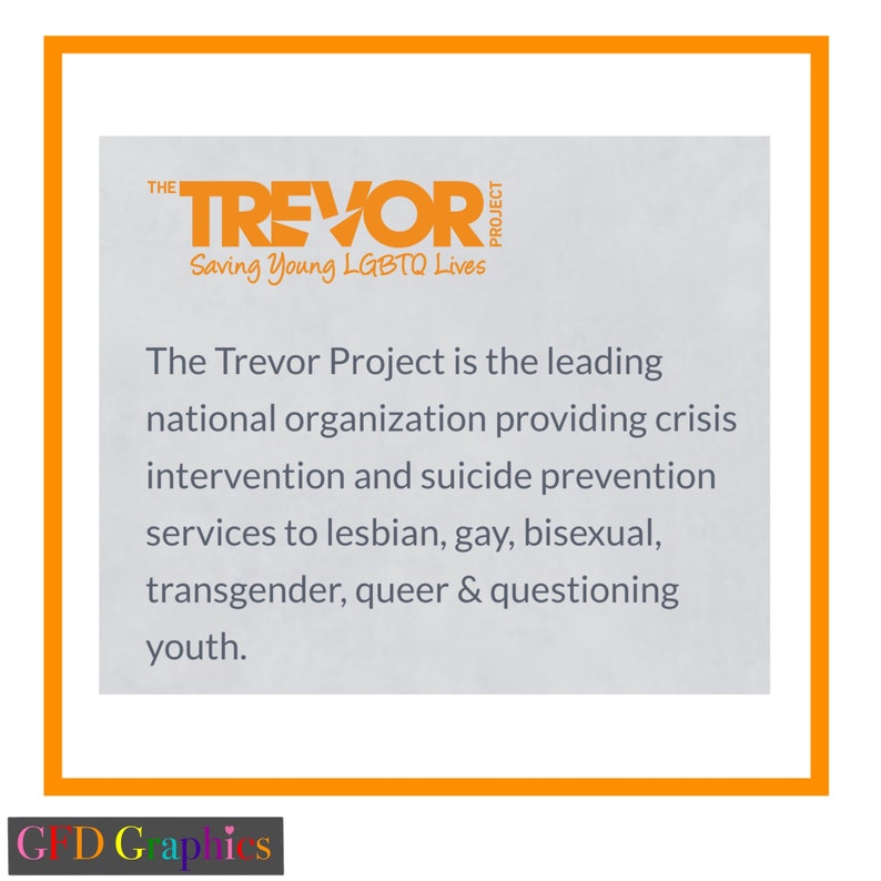 Op de afbeelding: Het Trevor Project logo, een wit woordmerk met een gestileerde bliksem, wordt weergegeven op een grijze achtergrond. De tekst "Saving Young LGBTQ Lives" staat onder het logo. De tekst "The Trevor Project is the leading national organisation providing crisis intervention and suicide prevention services to lesbian, gay, bisexual, transgender, queer & questioning youth." staat onder het logo.