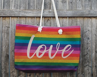 Personalized Rainbow Tote; Large Weekender Tote Bag; Love Bag
