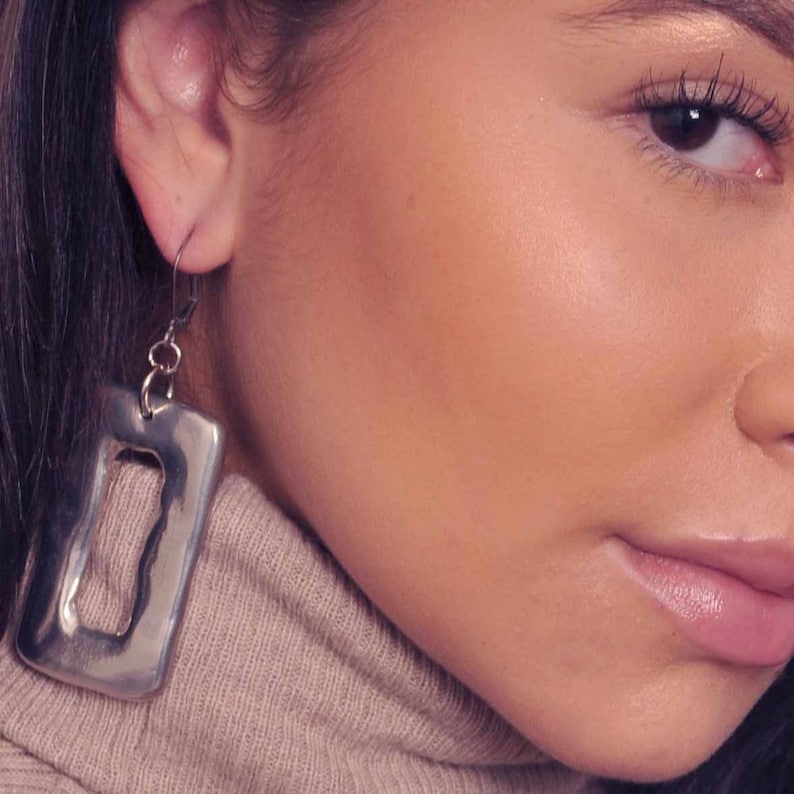 Large Pewter Ring Feature Drop Earrings-Stainless Steel Hooks