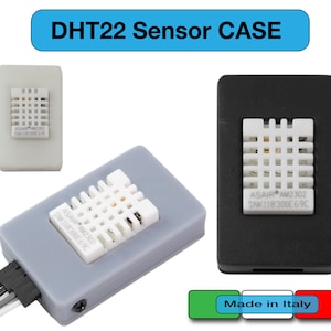 May include: A grey plastic case with a white DHT22 temperature and humidity sensor. The sensor has a grid-like design and the text "ASAIR AM2302 SNK118300E 69C" is printed on it. The case has a black wire with four wires coming out of it. The case is labelled "DHT22 Sensor CASE".