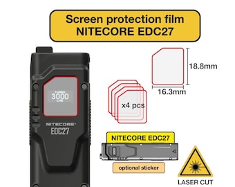 May include: Screen protection film for the Nitecore EDC27 flashlight. The film is laser cut to fit the screen and comes with four pieces. The image also shows an optional sticker that can be applied to the flashlight.