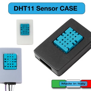 May include: A black plastic case with a blue humidity and temperature sensor, labelled "DHT11 Sensor CASE". The case has a small screw on the side and a cutout for wires. The text "Made in Italy" is printed on a green, white and red label.
