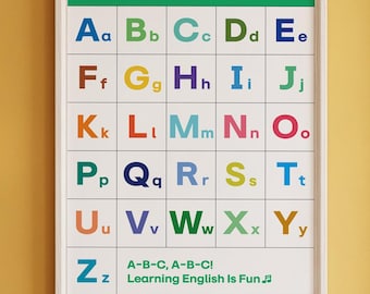 May include: A rectangular educational wall poster featuring the English alphabet in a grid format. Each letter is displayed in both uppercase and lowercase in various colors. The top text reads Welcome to Alphabet Adventure and the bottom text reads A-B-C, A-B-C! Learning English Is Fun.